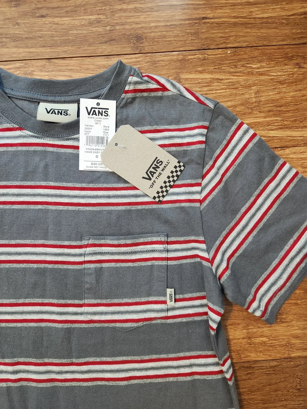 New Vans Boys Gray & Red Striped Pocket Tee Tshirt Shirt Skater, Small